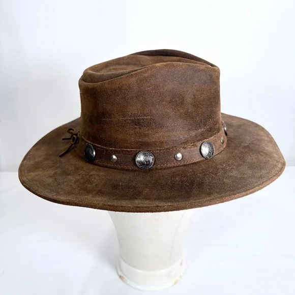 Minnetonka Outback Buffalo Nickel Hat Genuine Leather Brown Western Cowboy Sz L - Picture 2 of 9